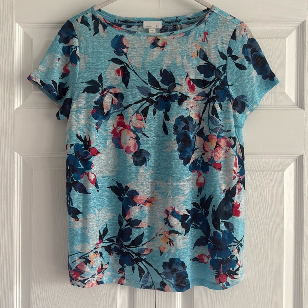 J. Jill Love Linen Light Blue Floral Print Short Sleeve Top - Size Small